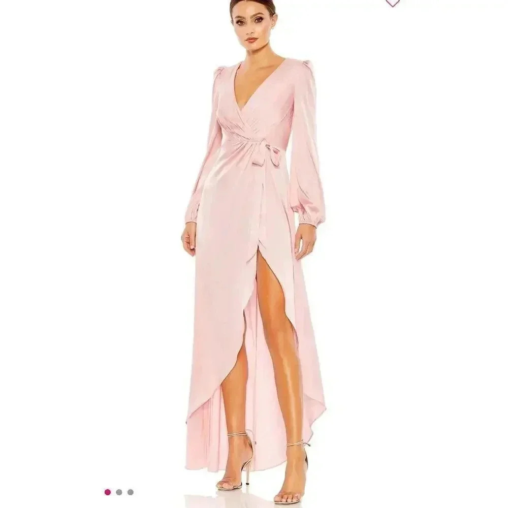 IEENA for Mac Duggal satin draped faux wrap evening gown light pink size 4 NWT